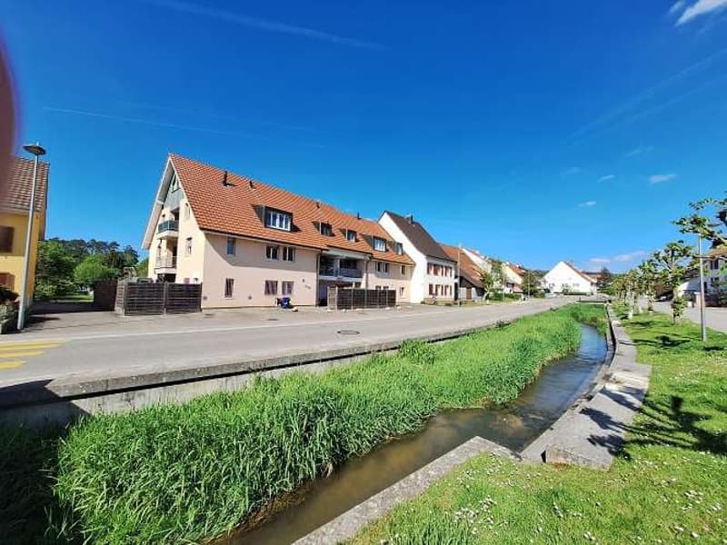Two story buildings with brown roofs, balconies, windows, street, road, grassy area, stream
