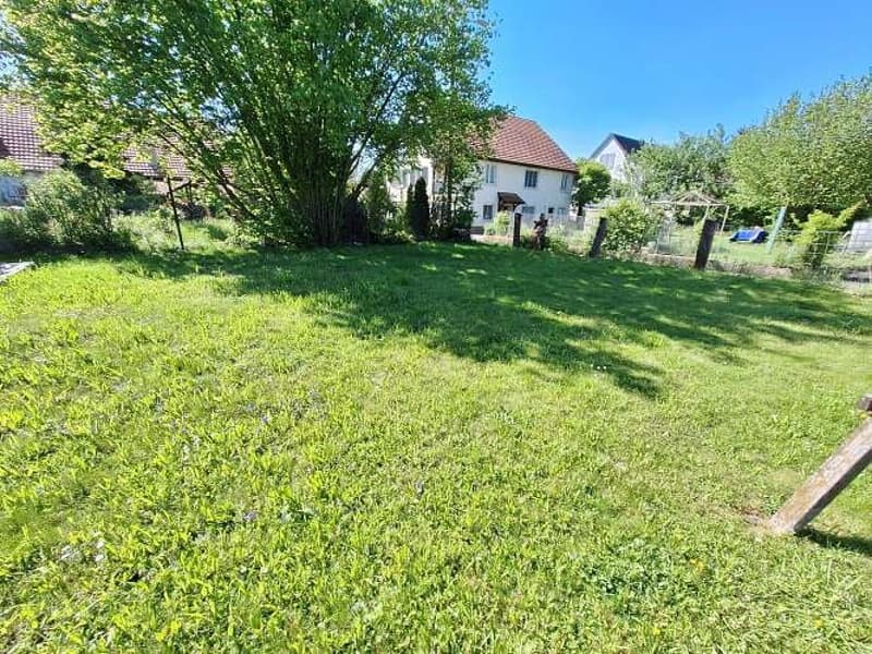 large lawn, trees, garden plot, fence, view of house