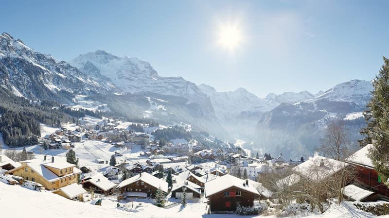 wooden buildings, snowy mountains, village