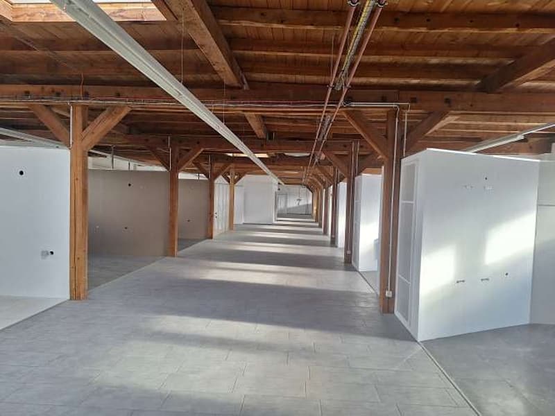 large empty space, wooden beams, tiled floor, white walls, ceiling lamps