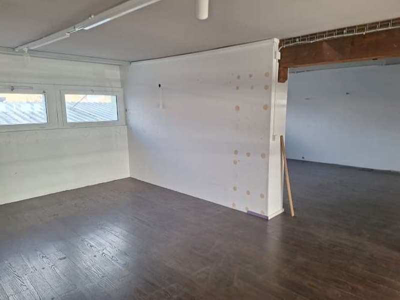 Empty room, hardwood floor, two windows, ceiling lamps, white walls
