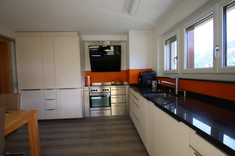 modern kitchen, stainless steel appliances, white cabinetry, granite countertops, large windows, built-in dishwasher and washing machine