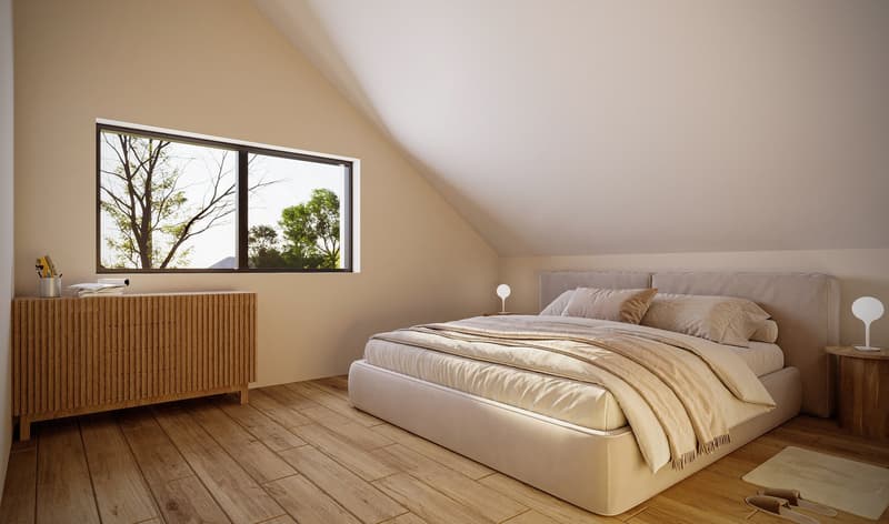 bedroom with wooden floor, bed with headboard, nightstands, wooden cabinet, and large window