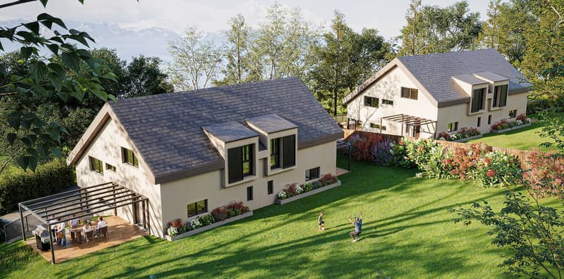 Detached houses, raised ground floor, terrace, balcony, garden, green area