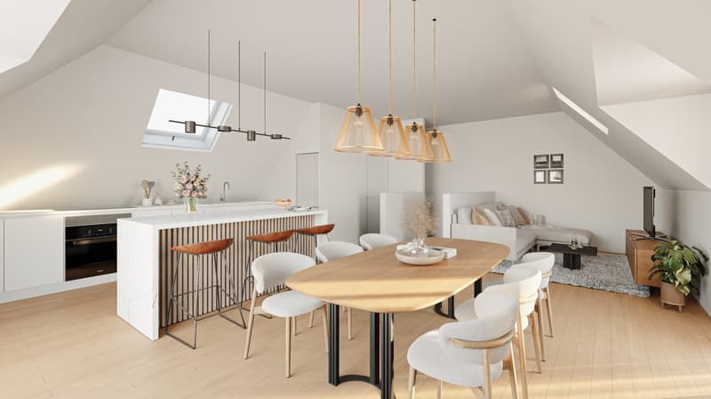 Open kitchen, dining area, living room, 2 bedrooms, 1 bathroom, skylight