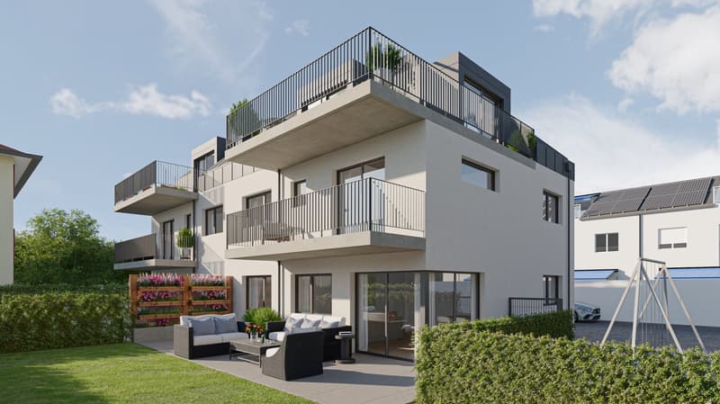3 story house, white exterior, multiple balconies, modern design, garden, outdoor seating area