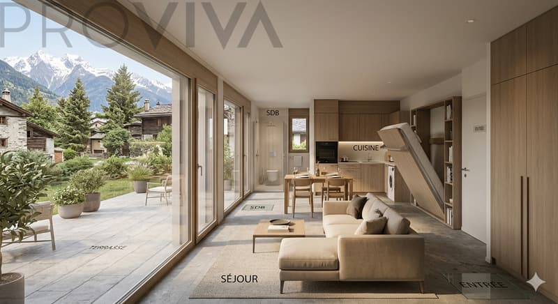 / une maison moderne avec de grandes portes coulissantes en verre ouvrant sur un salon et une cuisine avec vue sur les montagnes / a modern home with large sliding glass doors opening up to a living