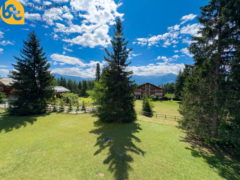 Large property with a grassy lawn, surrounded by pine trees and mountains in the background. There appears to be a residential building or chalet on the property, with a fenced area and parking space visible.