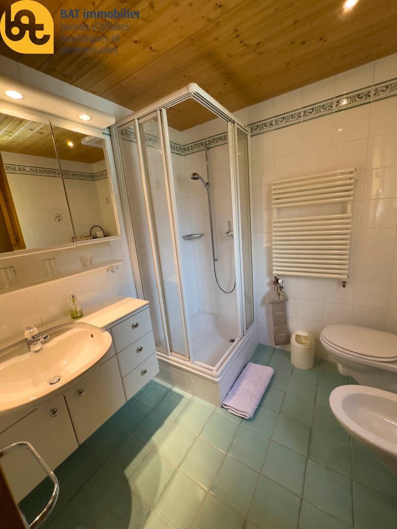 Bathroom with tiled floor, vanity with drawers, shower enclosure, towel rack, and toilet
