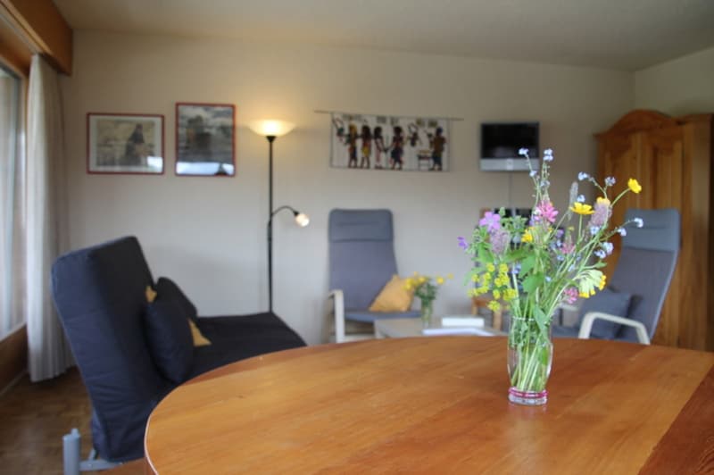 Cozy living room with a wooden dining table, a vase of colorful flowers, a gray armchair, and framed artwork on the walls. There is also a fireplace visible in the room.