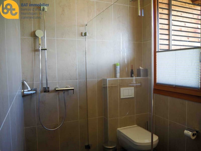 Tiled bathroom with shower, toilet, and a private washing machine