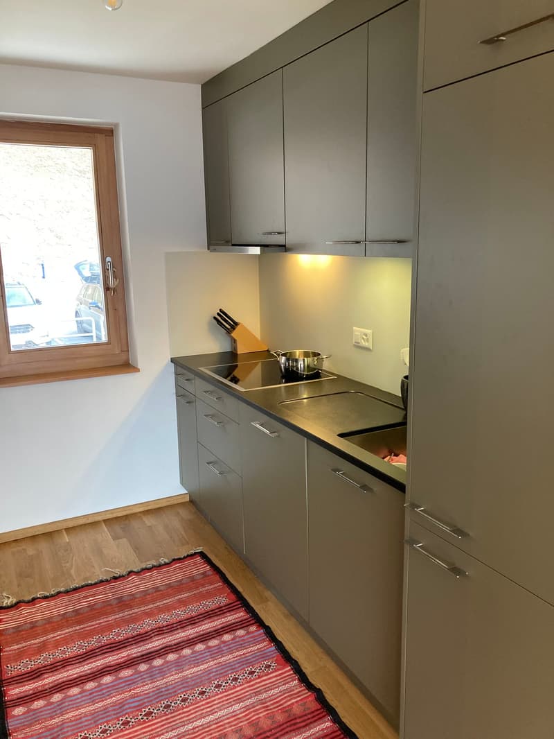 modern kitchen with gray cabinets, black countertops, double sink, gas stove, window, wooden floor, red rug