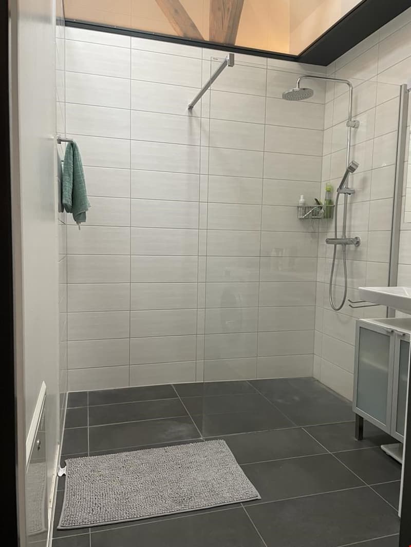 tiled wall, tiled floor, shower, cabinet, glass door, towel, rug