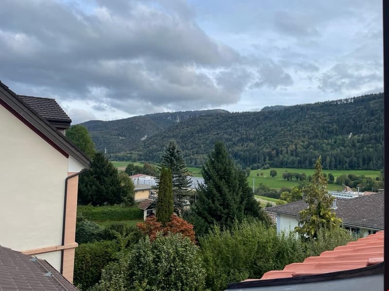 Overlooking a village, a large field, and a forested hill in the distance under a cloudy sky