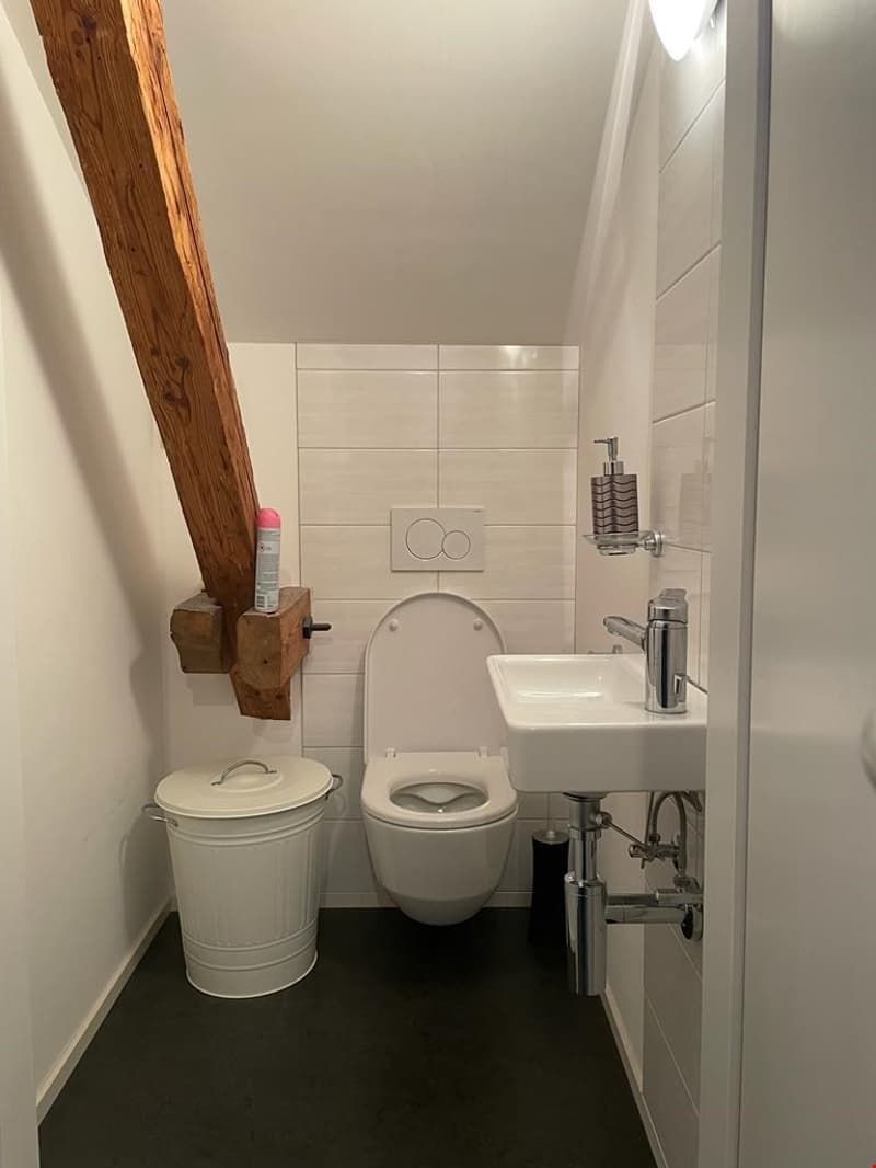 small room with wooden ceiling beams, white tiles, white toilet, white sink, white trash can, hand soap, floor drain, light on ceiling