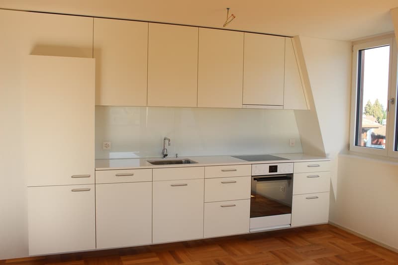 modern kitchen, white cabinets, wooden floor, sink, oven, dishwasher, power outlets
