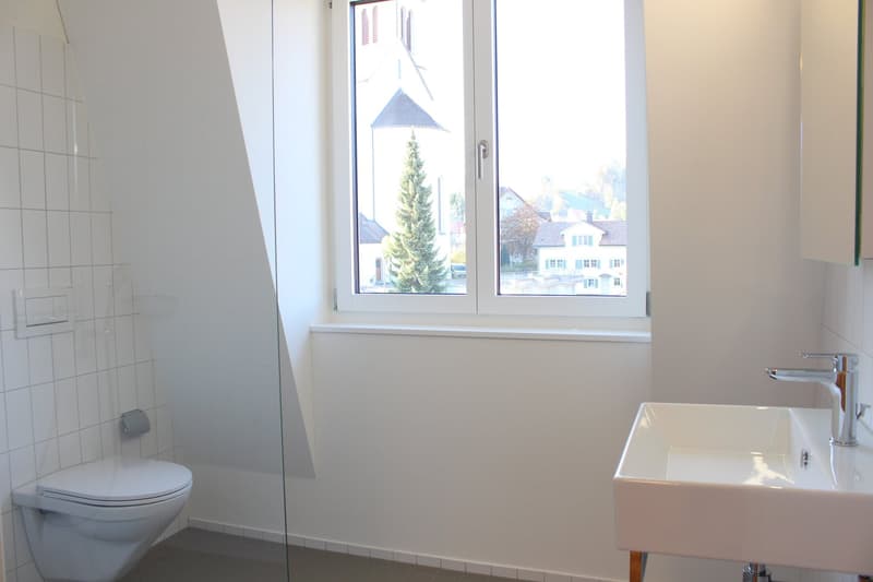 modern bathroom with white tiles, glass shower enclosure, white toilet, white sink, silver faucet, window with view