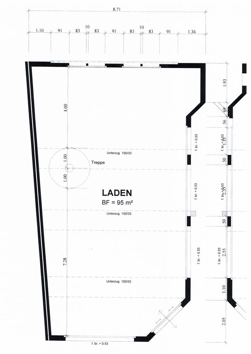 The image shows the floor plan of a space labeled 'LADEN' with a total floor area (BF) of 95 m2. The plan includes a 'Treppe' (staircase) and an 'Unterzug 100/33' (support beam) feature.