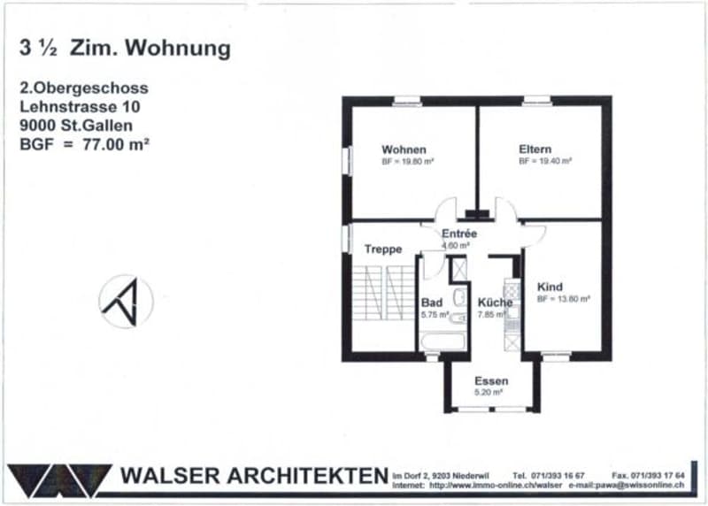 3 1/2 room apartment, 2nd floor, living room, kitchen, 2 bedrooms, bathroom, entrance, stairs
