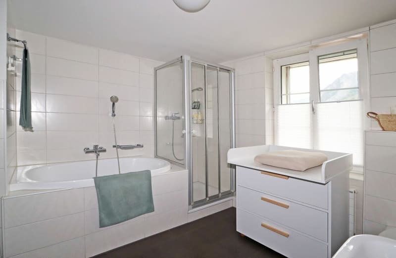 Bad mit Dusche, Badewanne, WC und Lavabo (4.5 Zimmerwohnung 2.OG links)