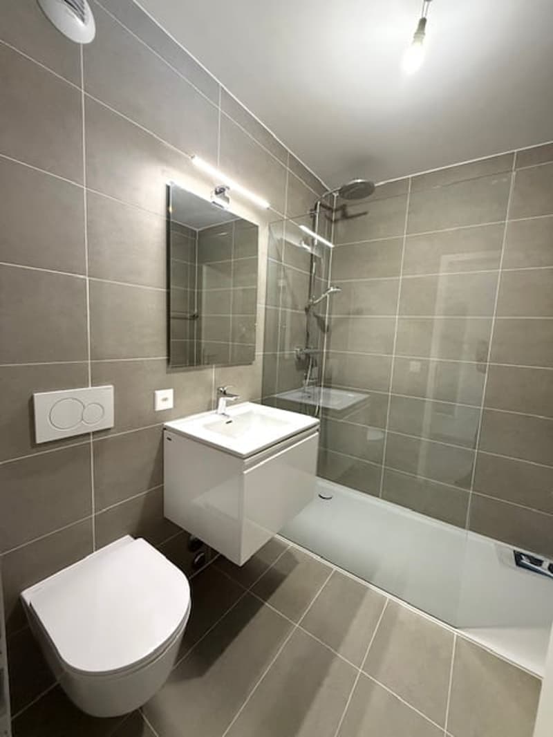 modern bathroom with gray tiled walls, walk-in shower, white sink, and toilet