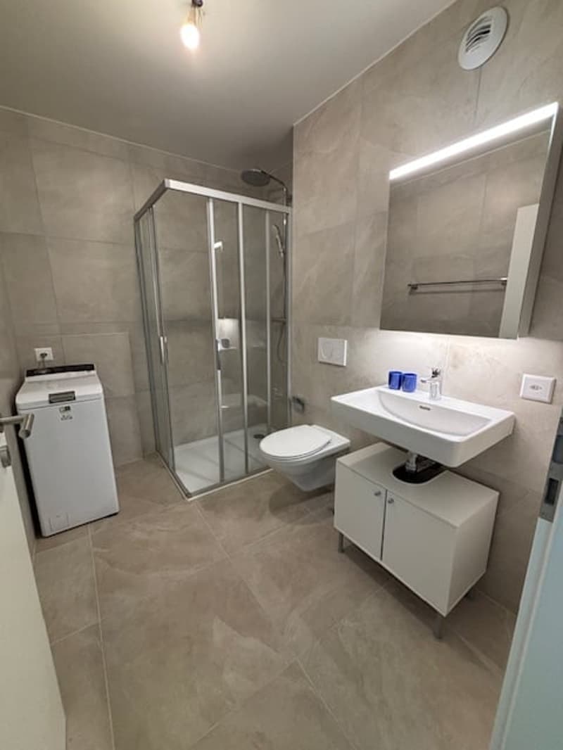 modern bathroom with shower, toilet, sink, and washing machine