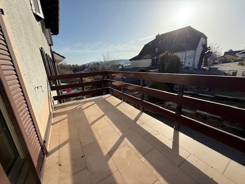 Wooden railing, tiled floor, bright sunny day, small shadow, distant houses and cars, lush vegetation