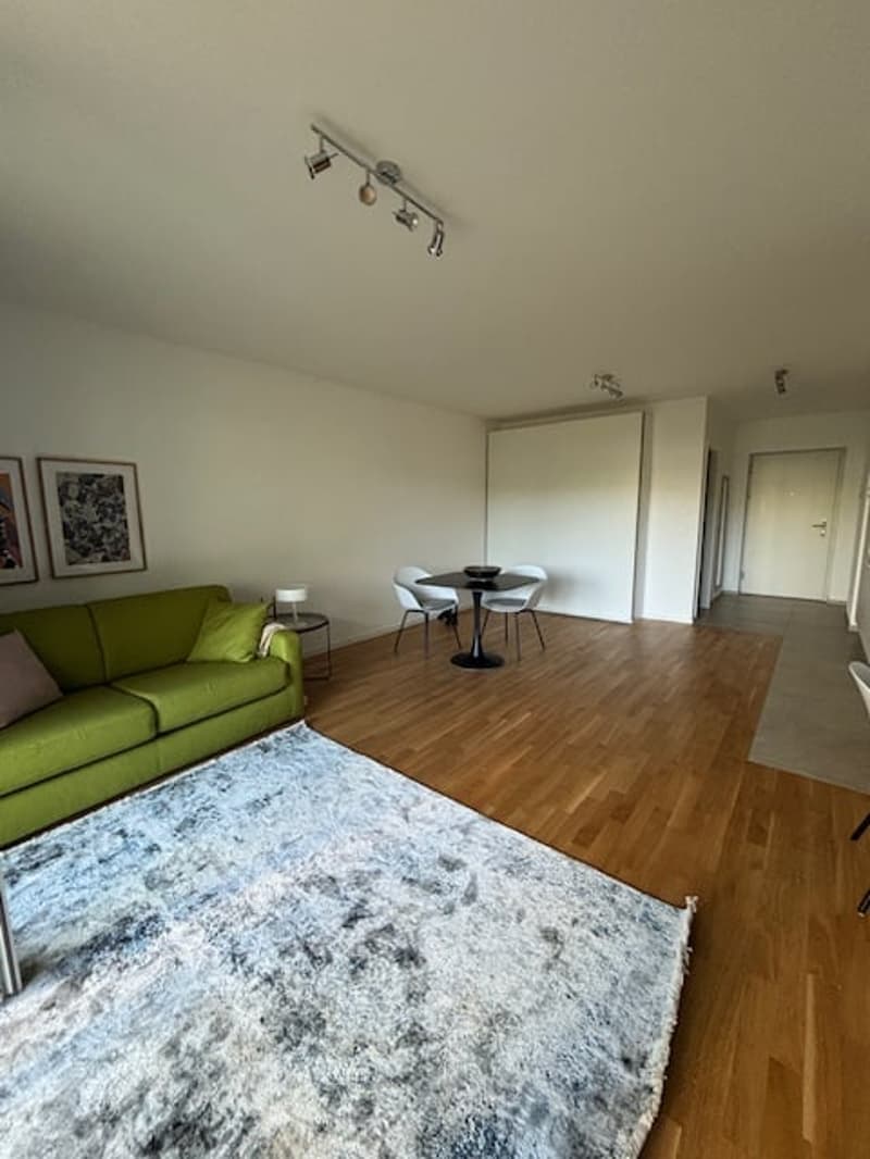 Living room with wooden floor, green couch, round table, white chairs, white walls, ceiling lights, rug, side table, picture frames