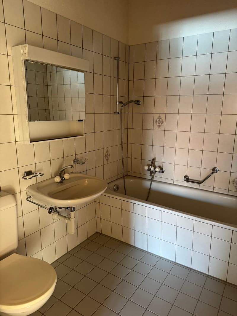 Bathroom with toilet, sink, bathtub, mirror, and shower; all white tiled walls and floors.