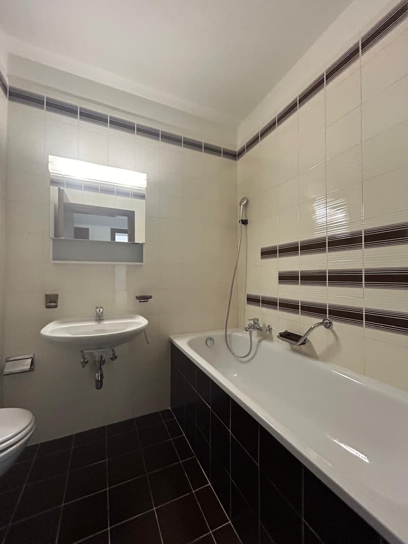 Bathroom with black and white tile, bathtub, sink, and mirror cabinet