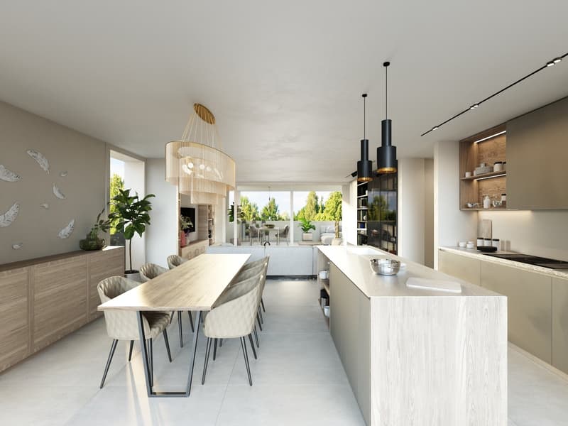 Spacious open-plan living area with dining table, kitchen island, and large windows overlooking a balcony or terrace. The room features modern, minimalist decor with a neutral color palette, wooden accents, and pendant lighting fixtures.