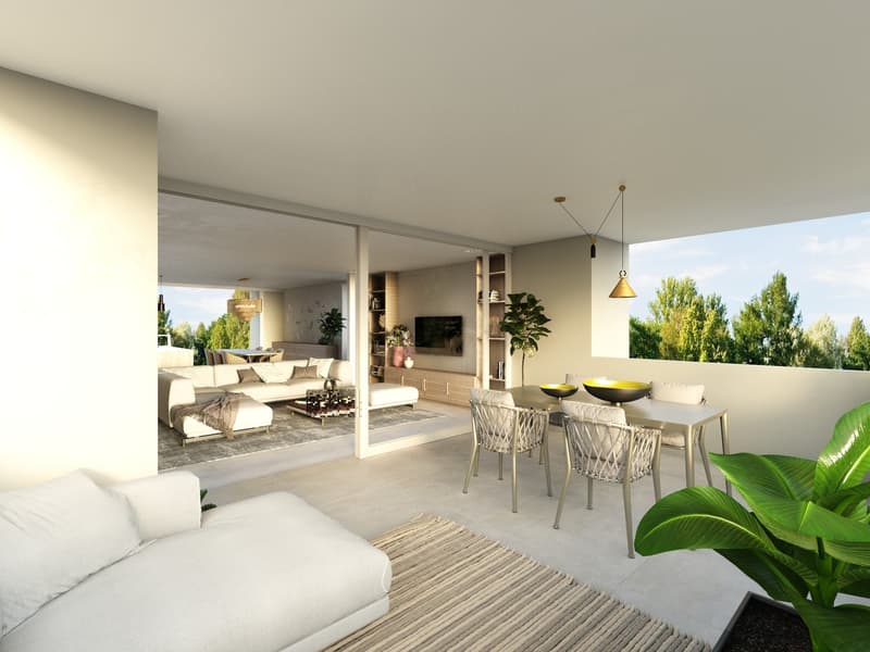 Open-concept living space with large windows overlooking a scenic outdoor view, a comfortable L-shaped sofa, a dining table with chairs, and various decorative elements such as plants and lighting fixtures.