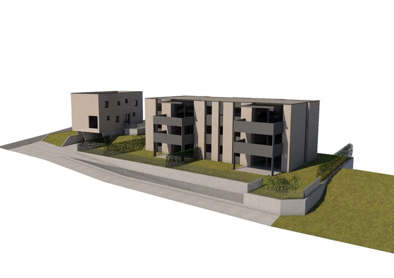 3-story apartment building with a modern, angular design. The building has a gray and beige color scheme with large windows. There is a parking area in front of the building.