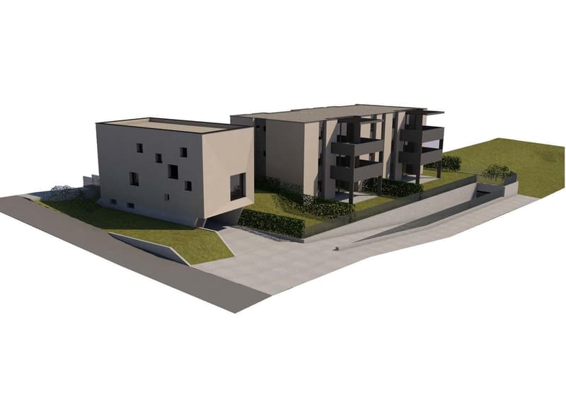 3-story apartment building with a modern, angular design. The building has a mix of light and dark colored exterior walls, with large windows. There is a parking area in front of the building.