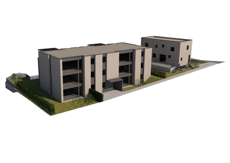 Multi-story apartment building with a rectangular layout, featuring multiple floors and a parking area on the ground level.