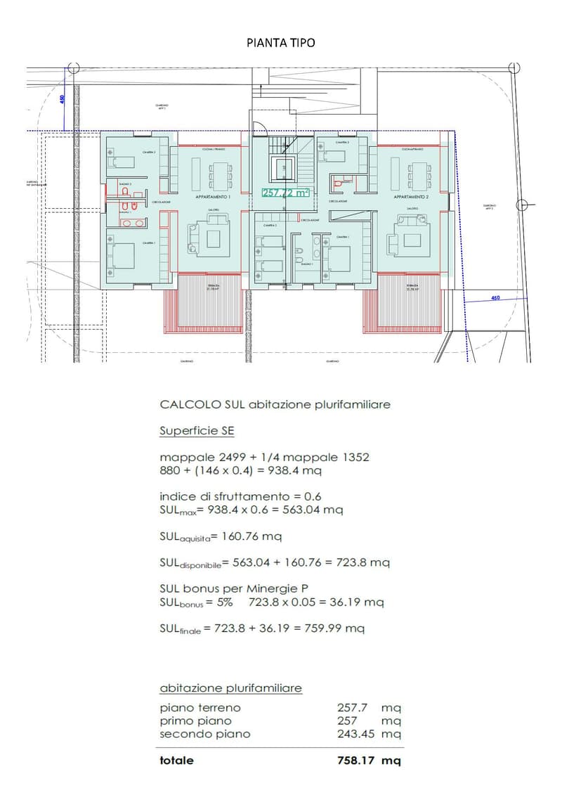 The image shows a floor plan with two apartments. Apartment 1 has a living room, kitchen, two bedrooms, and a bathroom. Apartment 2 has a similar layout with a living room, kitchen, two bedrooms, and a bathroom. The total living area for the two apartment