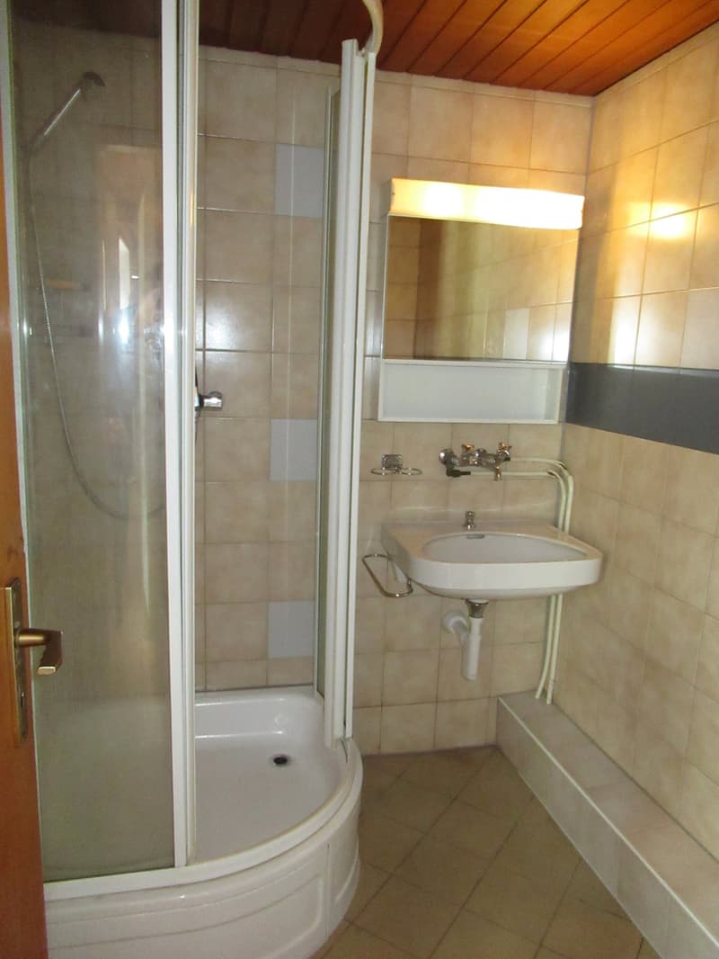small bathroom with shower, sink, mirror, and bench