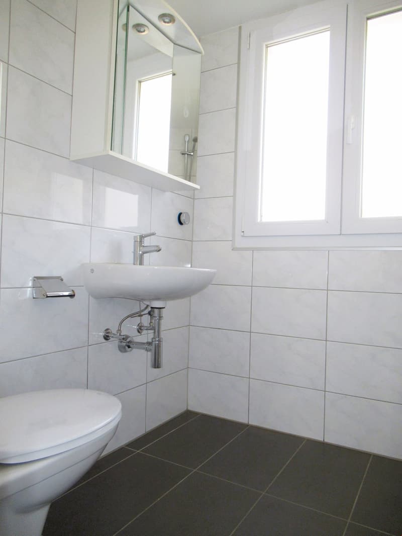 Bathroom with white tiles, white sink, white toilet, mirror, and windows