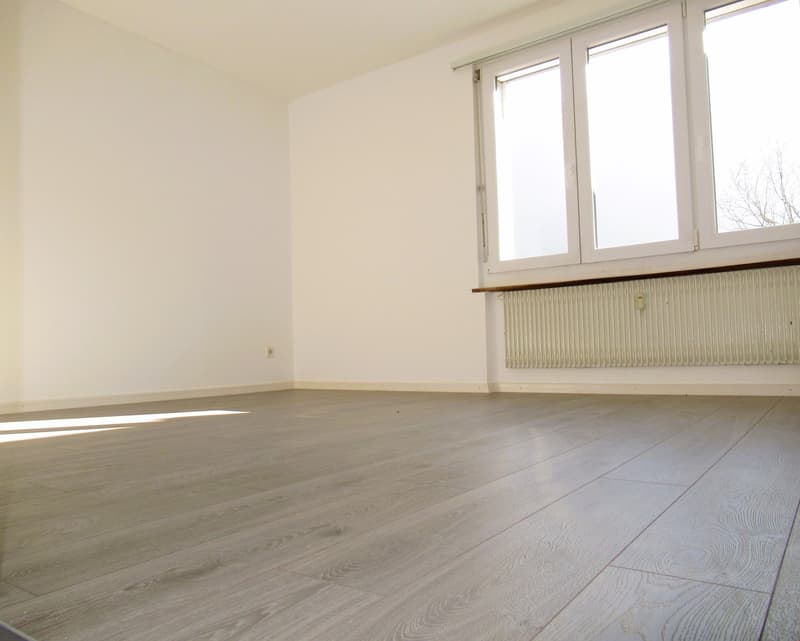 empty room, white walls, wooden floor, windows, radiator