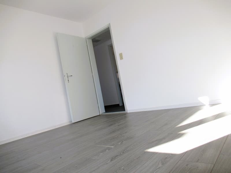 Empty room with white walls, wooden floor, open door, power outlet