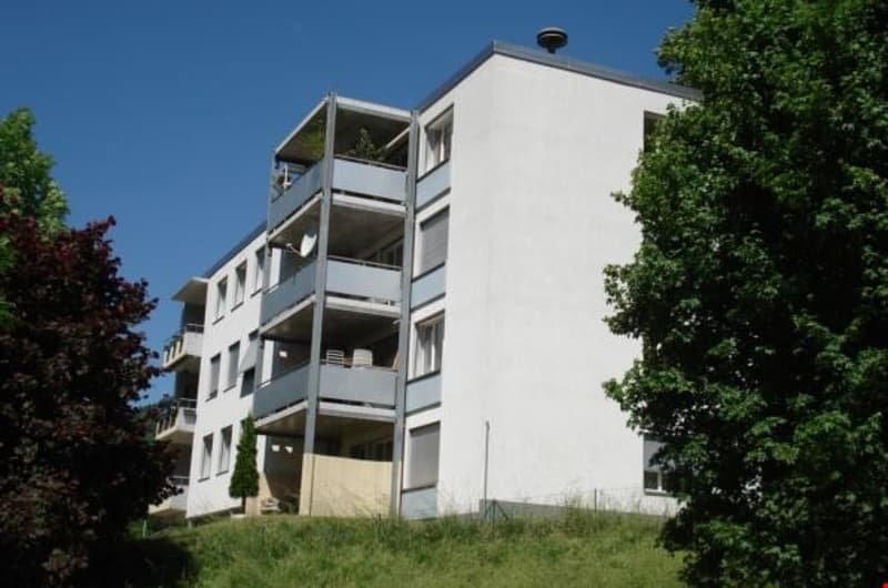 white building, multiple balconies, multiple floors, surrounded by trees