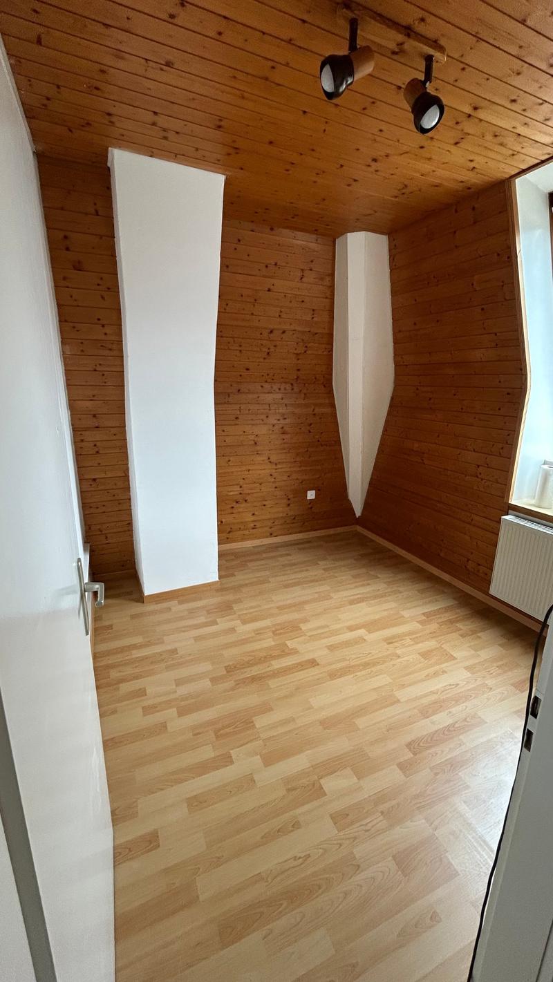 wooden walls, laminate floor, radiator, door, window