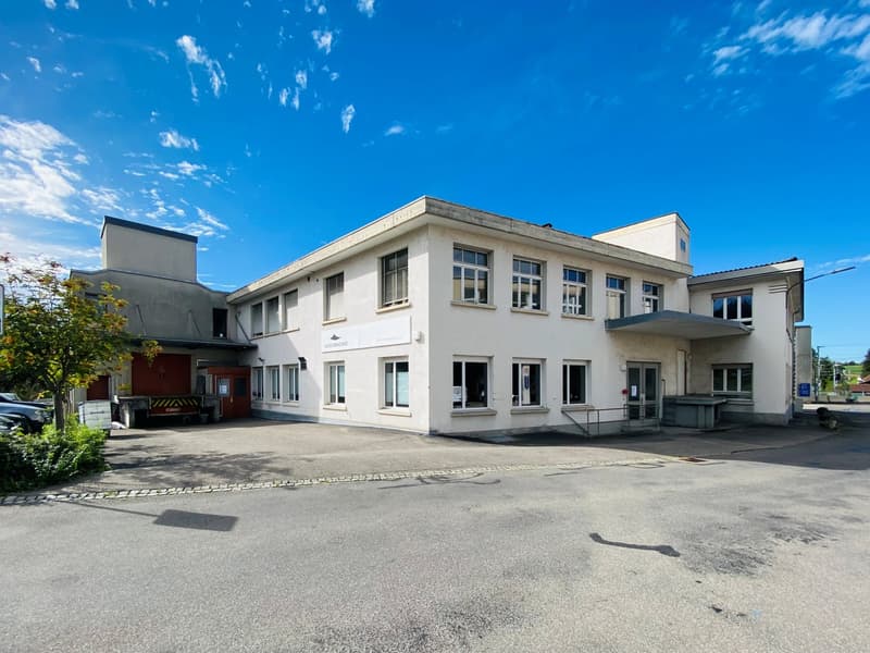 White building, multiple windows, entrance area, parking space in front