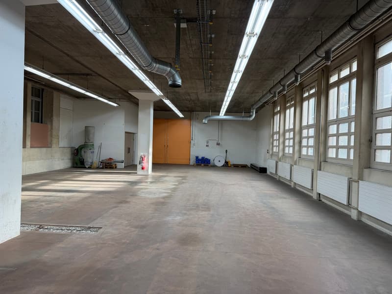 large empty room, white walls, ceiling with pipes, rows of windows, fluorescent ceiling lights