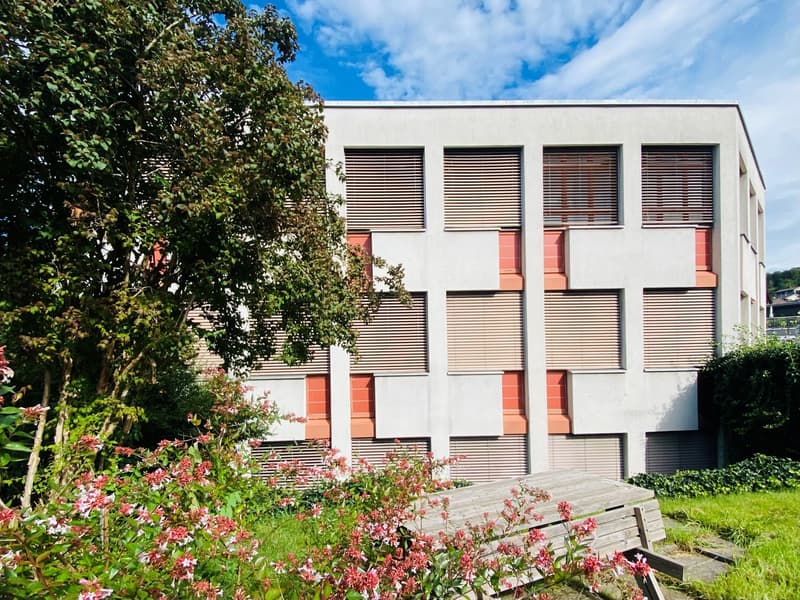 modern 3-story building, light gray walls, red window frames, large windows with horizontal blinds