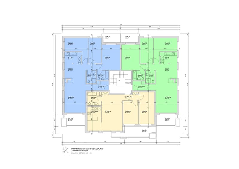 Floor plan with several rooms, balconies, and an elevator.