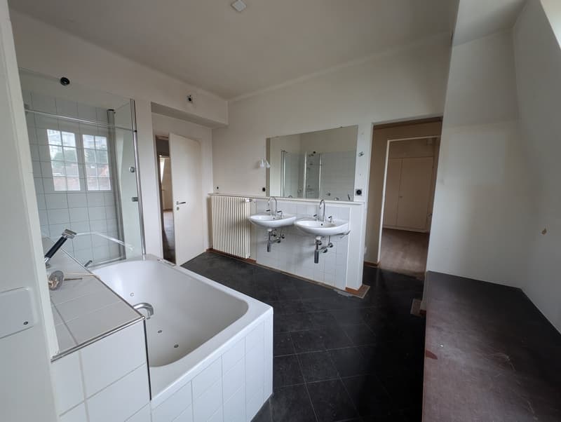 modern bathroom, white tiles, white bathtub, double sink, large mirror, radiator