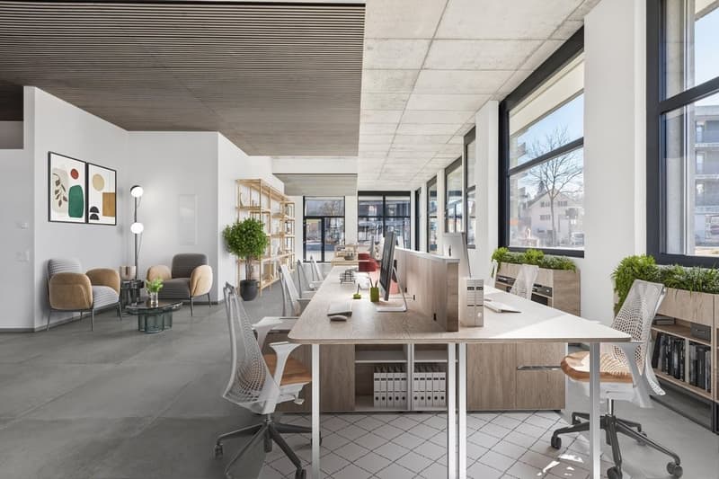 Open-plan office space with large windows, modern furniture, and storage shelves. The space features a long wooden desk with chairs, as well as a seating area with armchairs. The ceiling has a grid pattern and the floor has a tiled pattern.