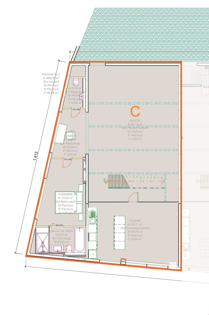 R+1 grosses Wohnzimmer oder Atelier, Küche, Esszimmer, Büro, Gäste WC, Master Schlafzimmer mit eigenem Badezimmer Dusche und Badewanne