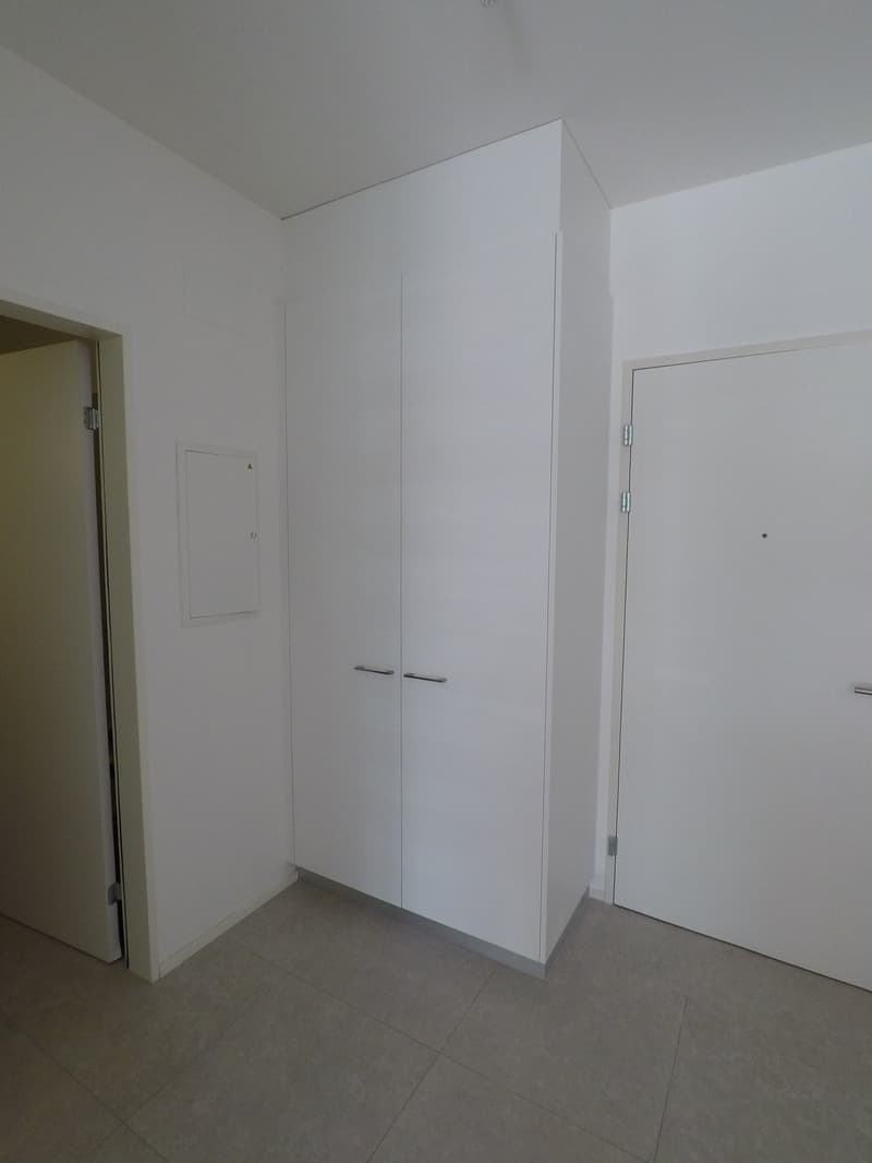 Empty room with two white wardrobes and white walls and floor.
